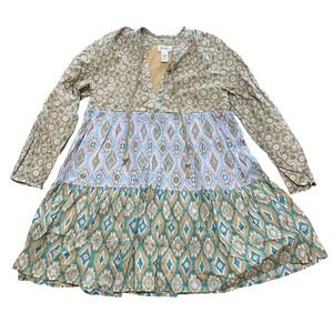 Jessica Simpson Tiered Relaxed Boho Dress Geometric Print Long Sleeve Women's M